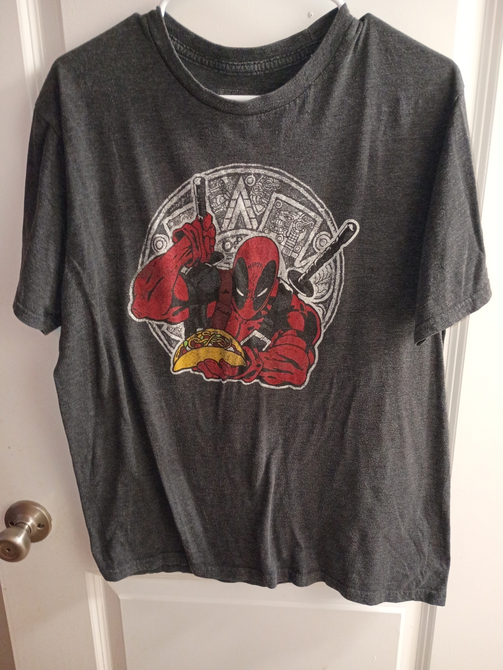 Marvel Men's Deadpool Graphic Tee - Charcoal Gray with Red and Yellow Print